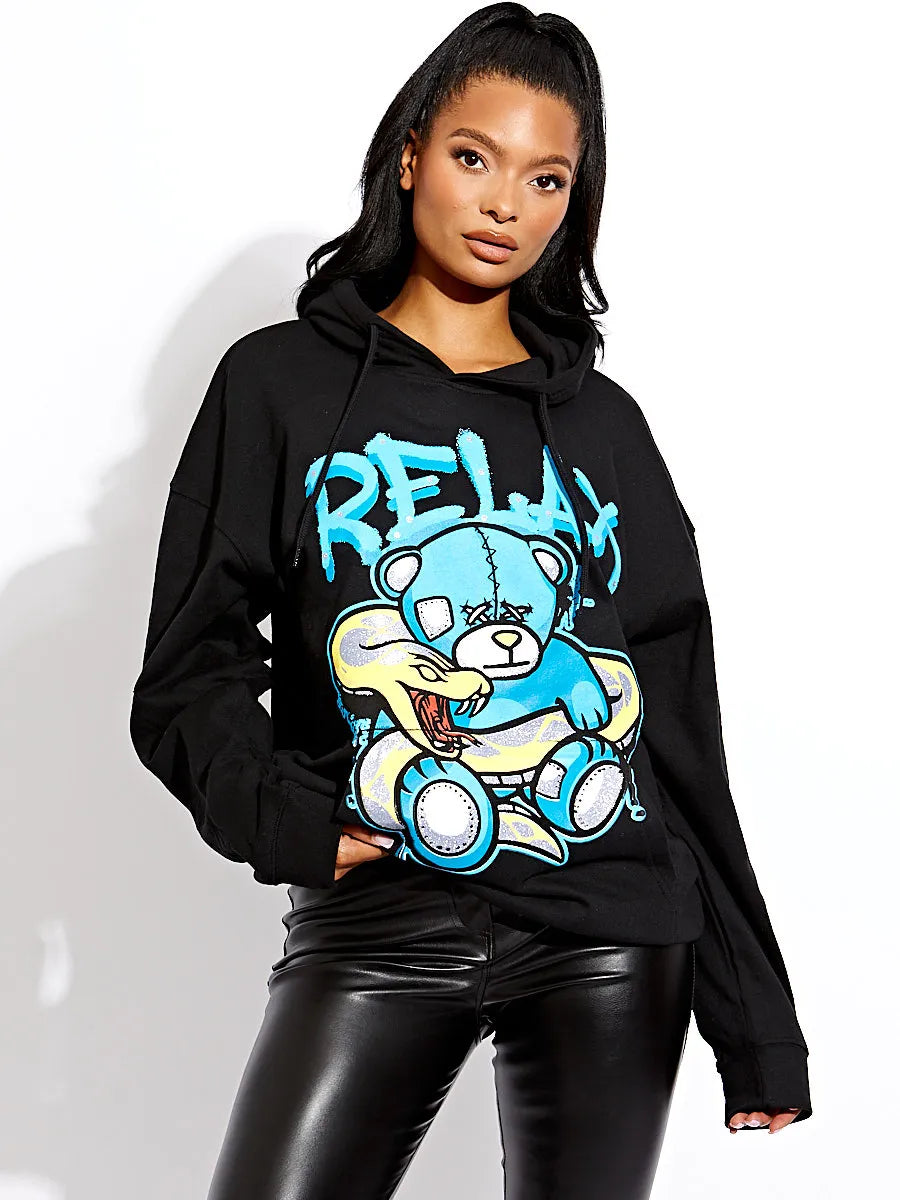 Black Relax Snake Teddy Bear Graphic Print Oversized Hoodie