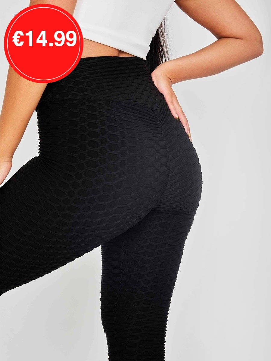 Black Ruched Back Honeycomb Texture Detail Active Legging