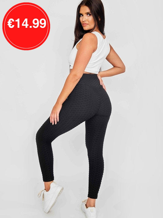 Black Ruched Back Honeycomb Texture Detail Active Legging