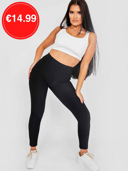 Black Ruched Back Honeycomb Texture Detail Active Legging