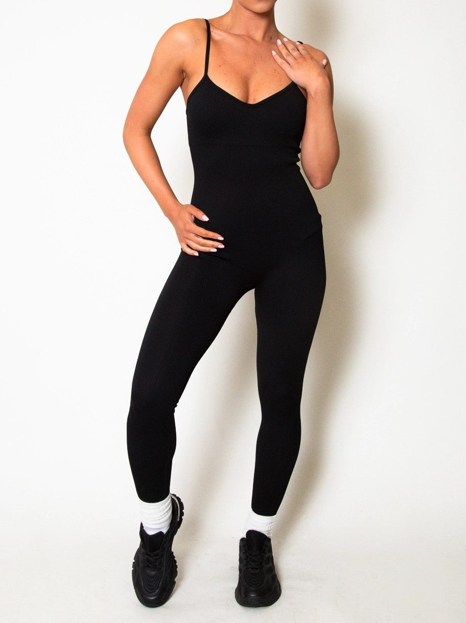 Black Seamless Ribbed Unitard Jumpsuit