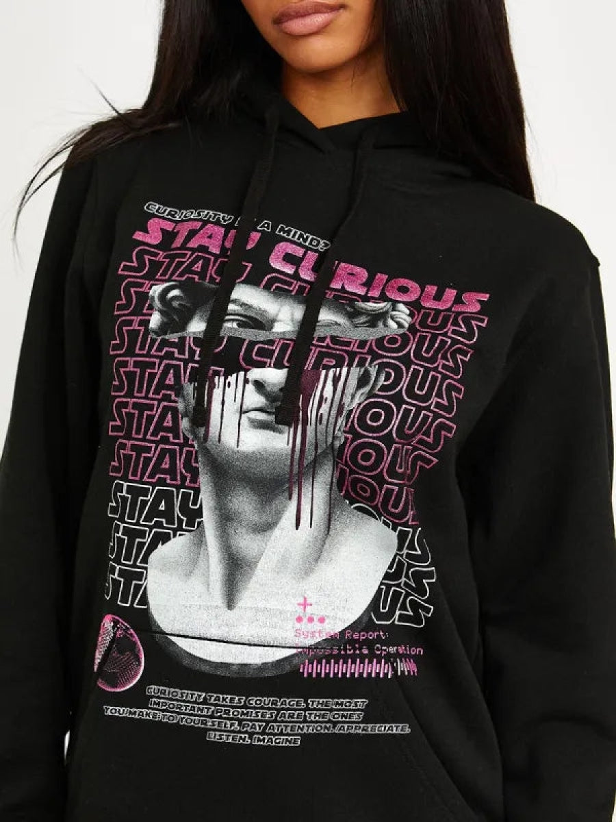 Black Stay Curious Graphic Print Fleeced Hoodie