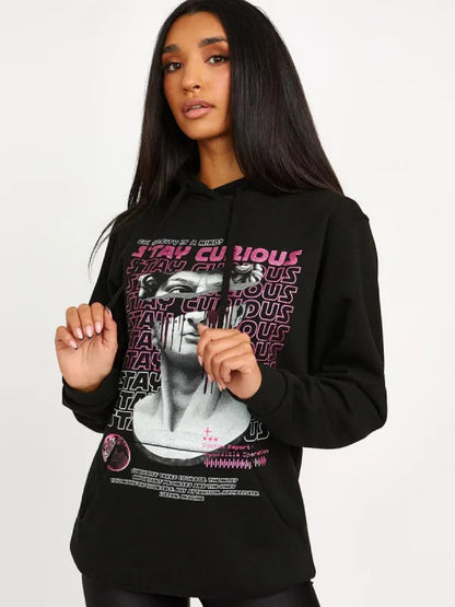 Black Stay Curious Graphic Print Fleeced Hoodie