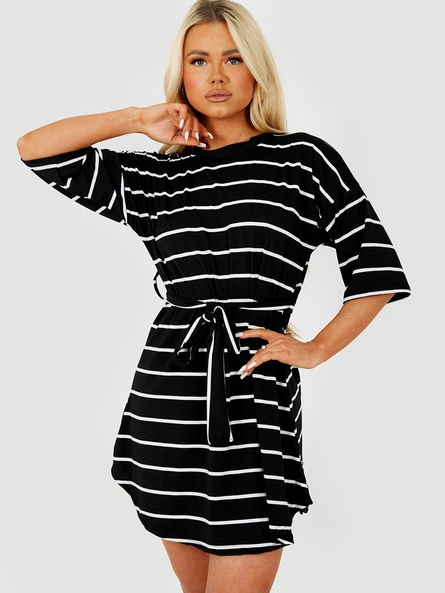 Black Striped Belted T-Shirt Dress