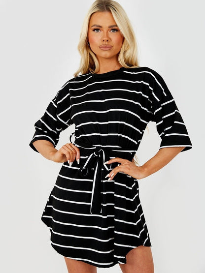 Black Striped Belted T-Shirt Dress