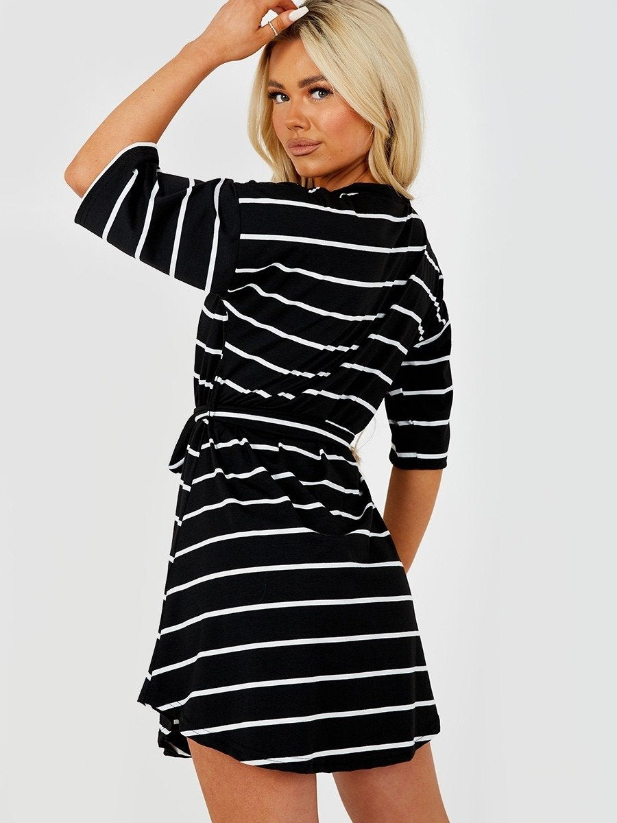 Black Striped Belted T-Shirt Dress