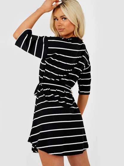 Black Striped Belted T-Shirt Dress