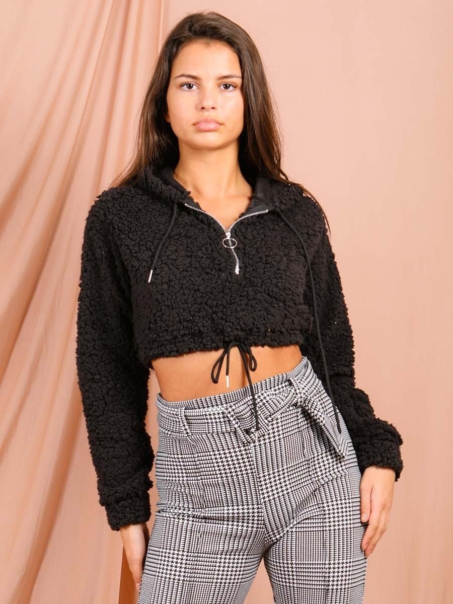 Black Teddy Borg Crop Hoodie