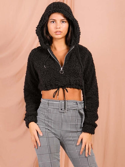 Black Teddy Borg Crop Hoodie