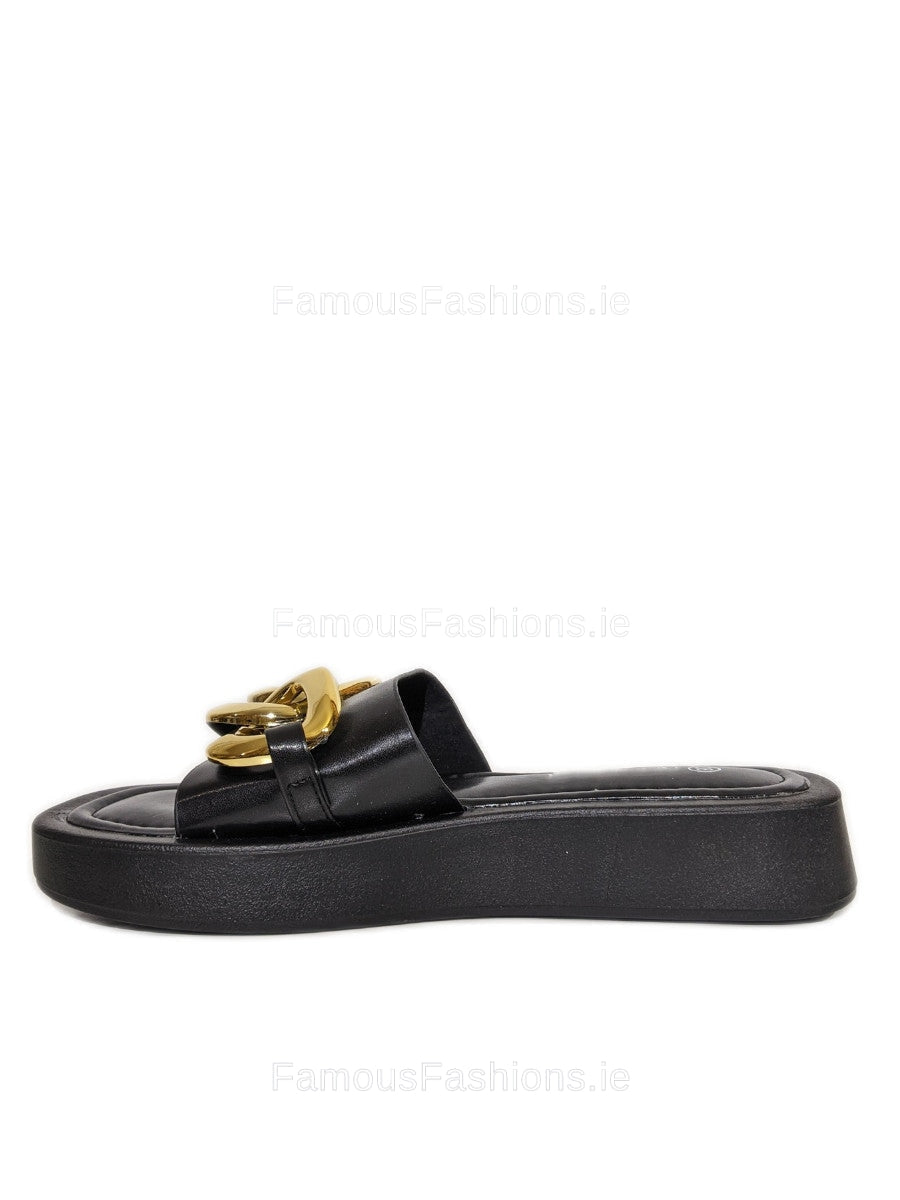 Black Thick Sole Platform Sliders with Gold Buckle 