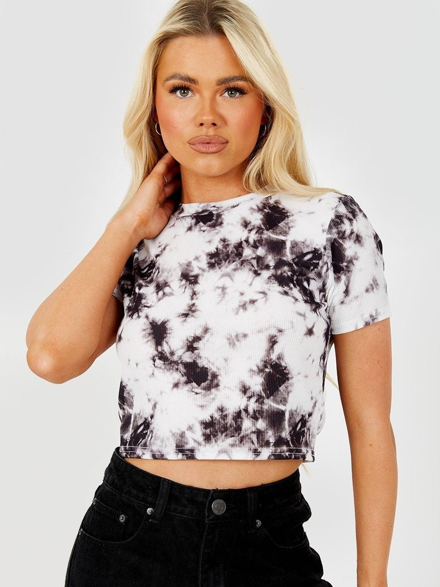 Black Tie-Dye Ribbed Crop Top