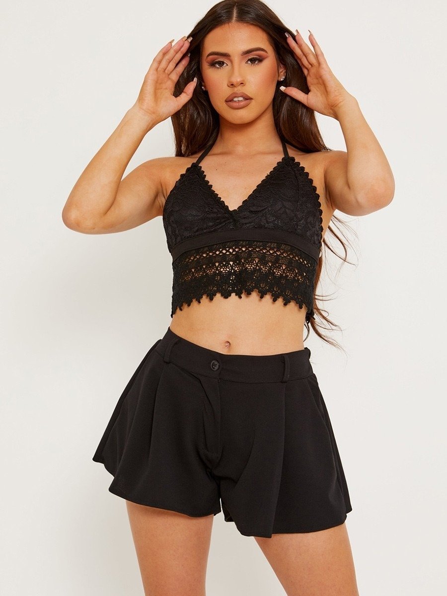 Black Tie Backless Crochet Halter Top