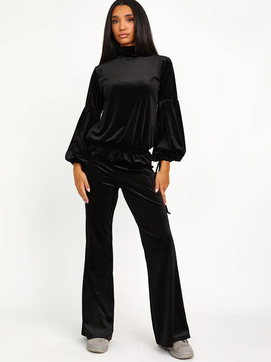 Black Velour Balloon Sleeve Top & Flare Trousers Loungewear Co-ord