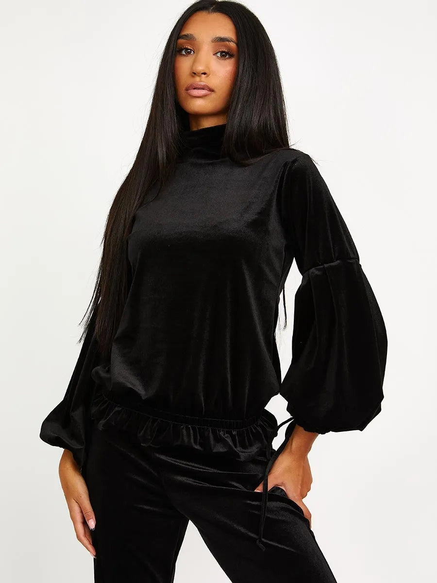 Black Velour Balloon Sleeve Top & Flare Trousers Loungewear Co-ord