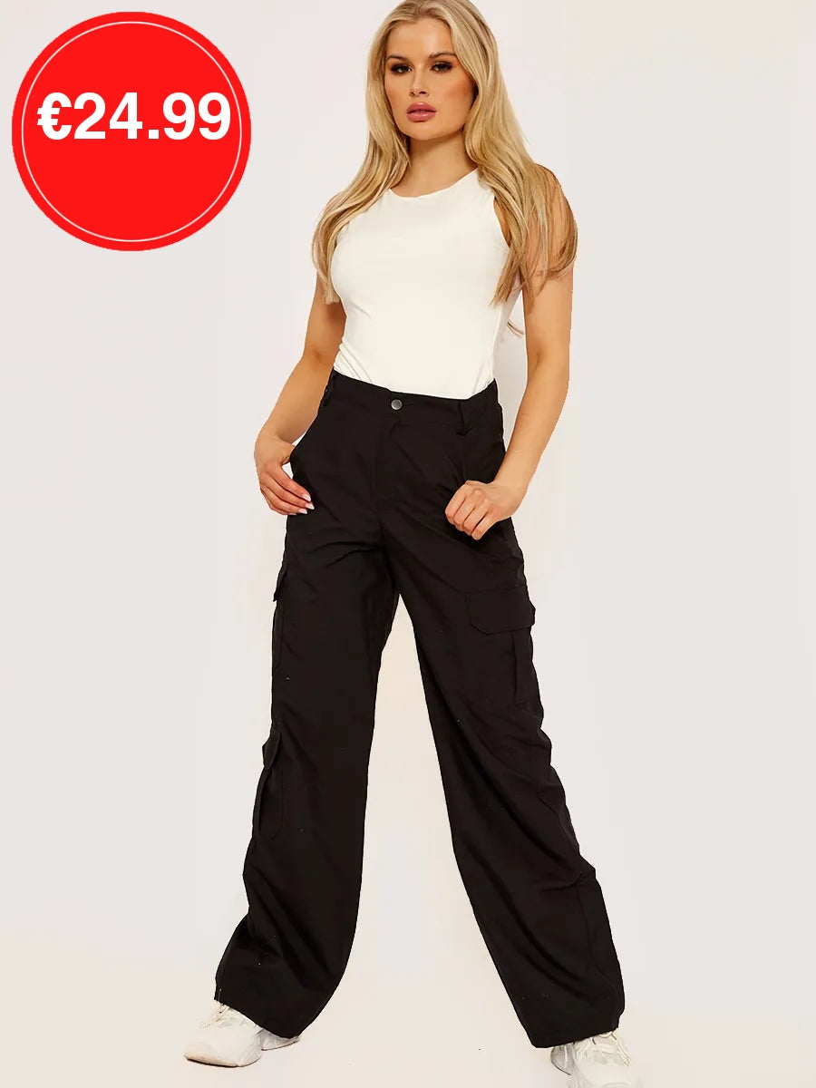 Black Wide Leg Loose Combat Cargo Trousers