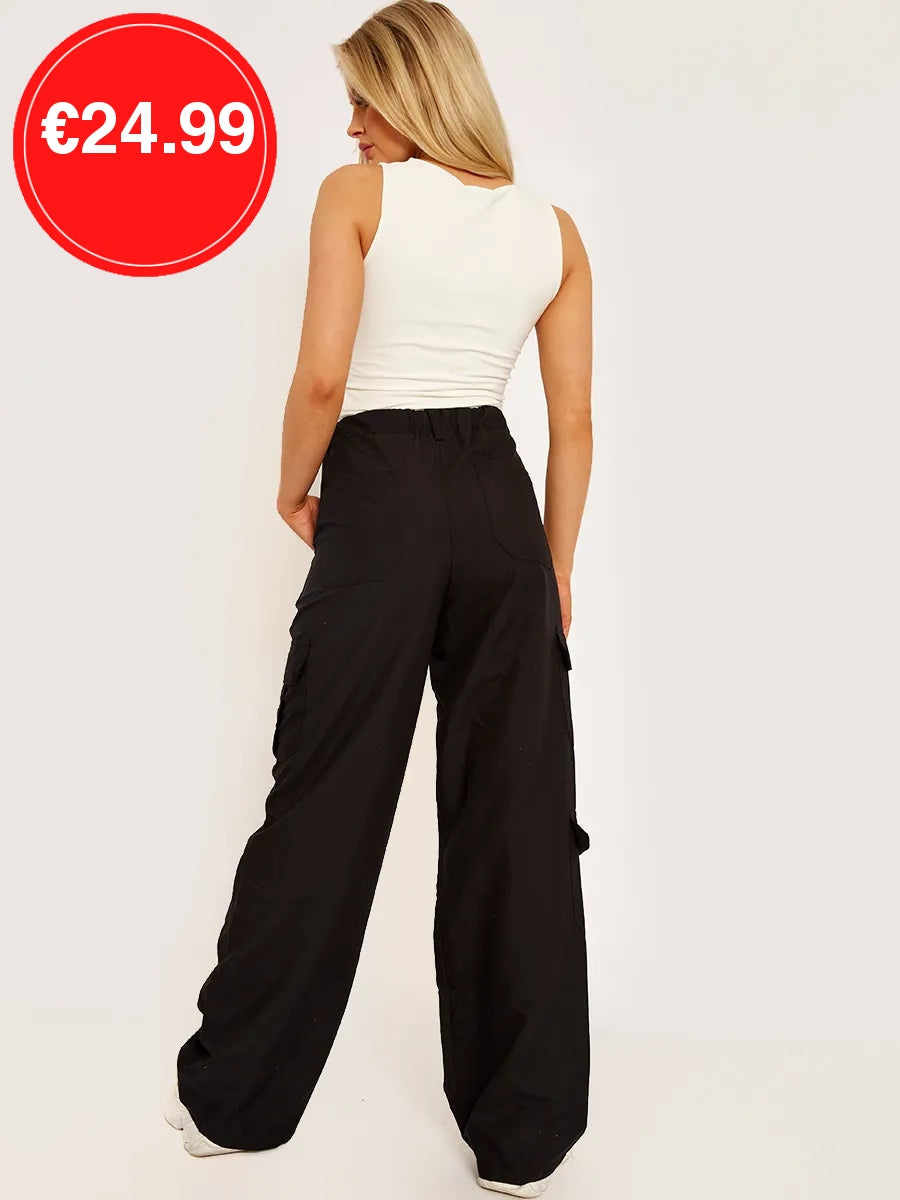 Black Wide Leg Loose Combat Cargo Trousers