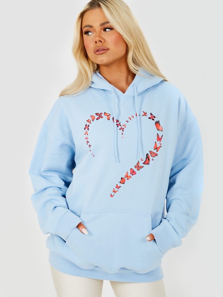 Blue Butterfly Heart Graphic Fleeced Hoodie