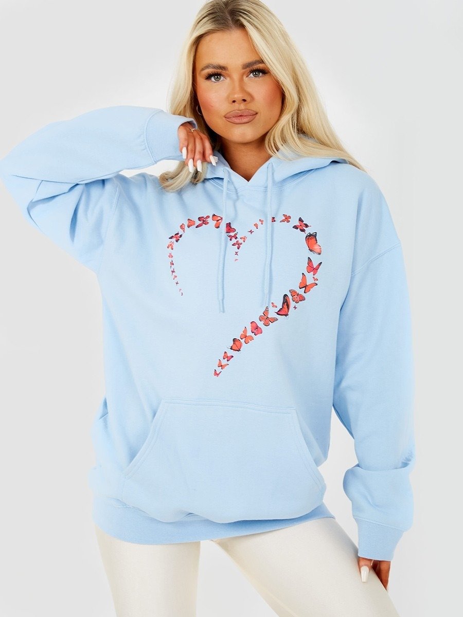 Blue Butterfly Heart Graphic Fleeced Hoodie