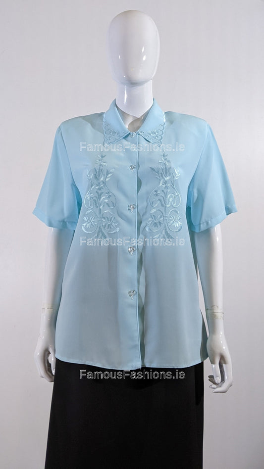 Blue Collar Button Up Short Sleeve Blouse