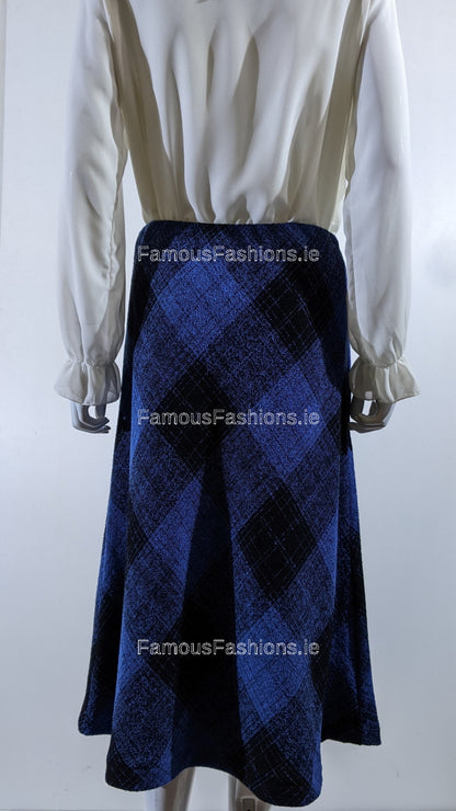 Blue Elasticated Lined A-Line Checked Tartan Warm Skirt