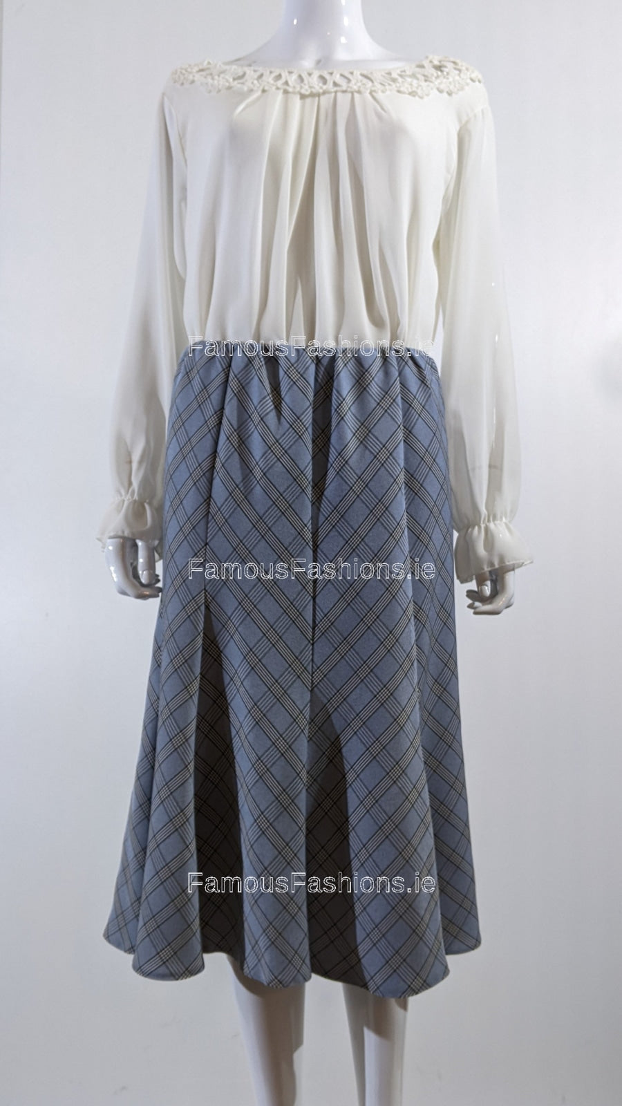 Blue Elasticated Lined A-Line Diamond Checked Skirt