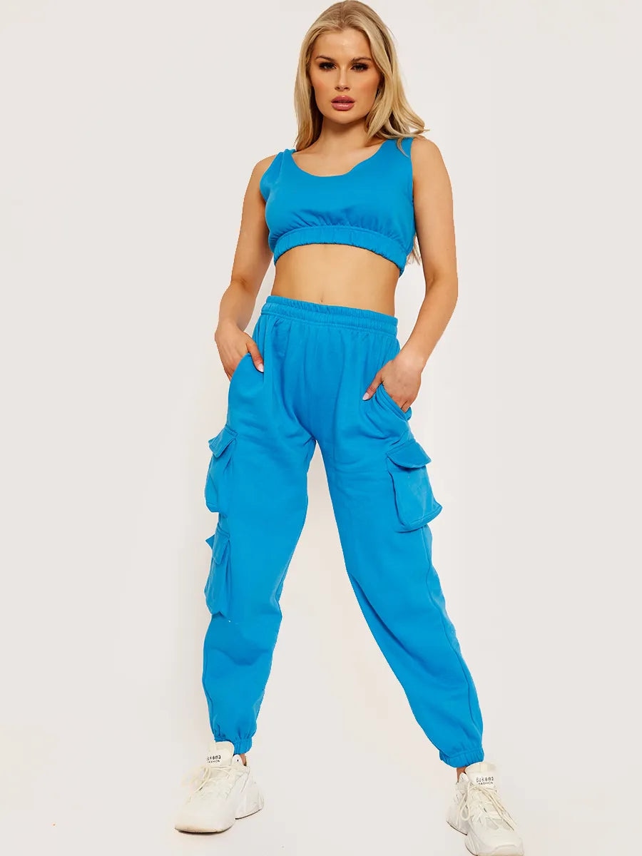 Blue Fleeced Crop Top & Cargo Jogger Set