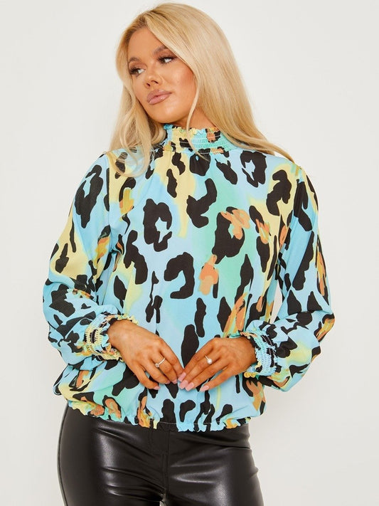 Blue Leopard Print Frill Shirred Blouse