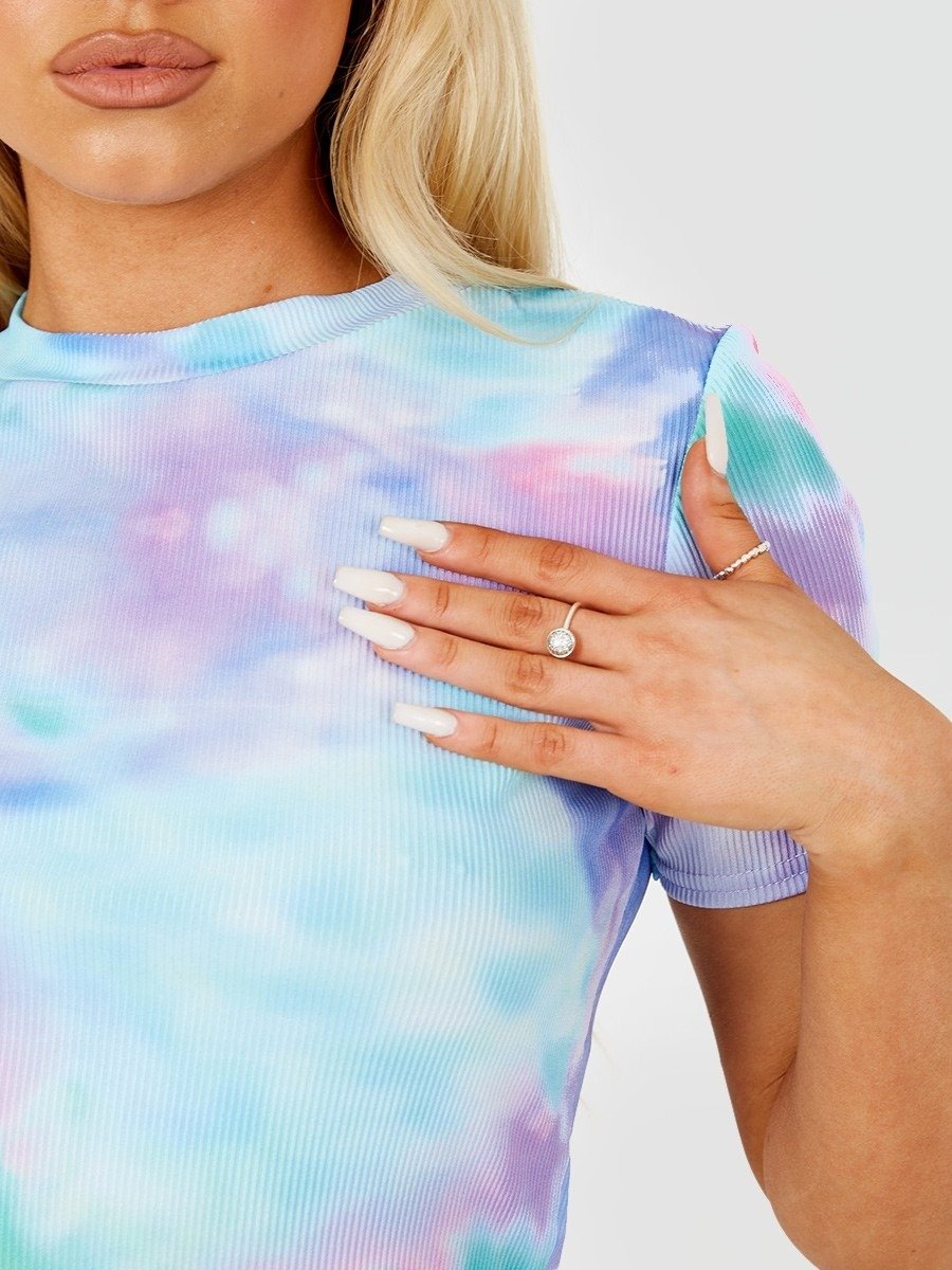 Blue Tie-Dye Ribbed Crop Top