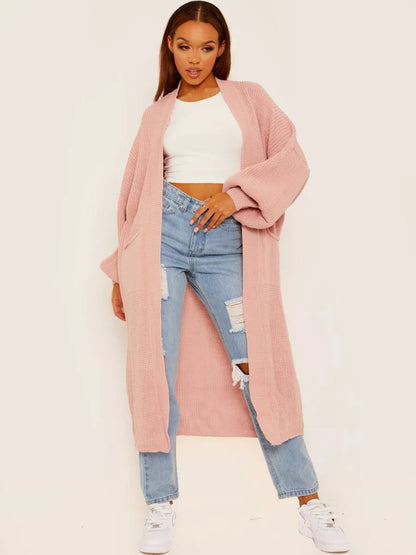 Blush Pink Balloon Sleeves Knitted Longline Open Cardigan