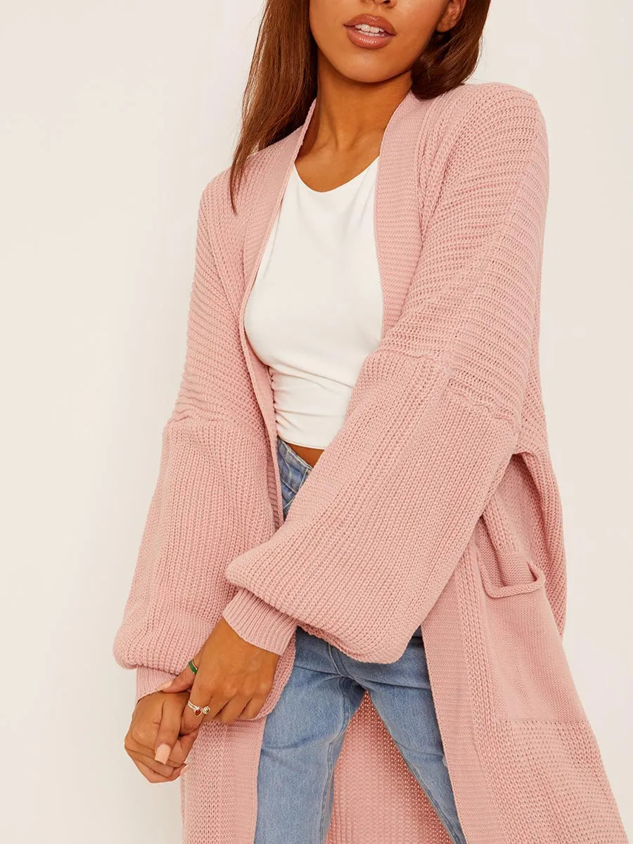 Blush Pink Balloon Sleeves Knitted Longline Open Cardigan FamousFashions.ie