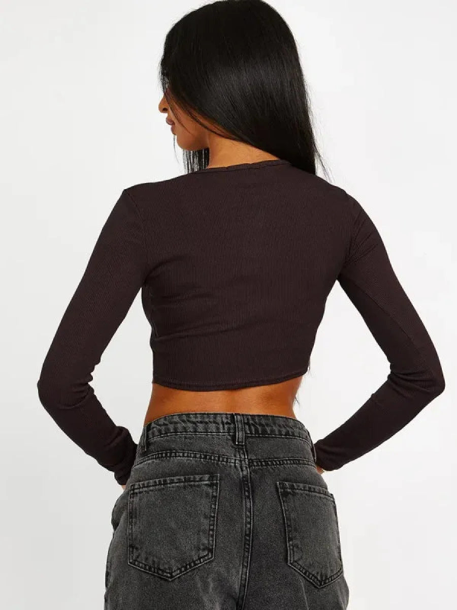 Brown Los Angeles Long Sleeves Crop Top