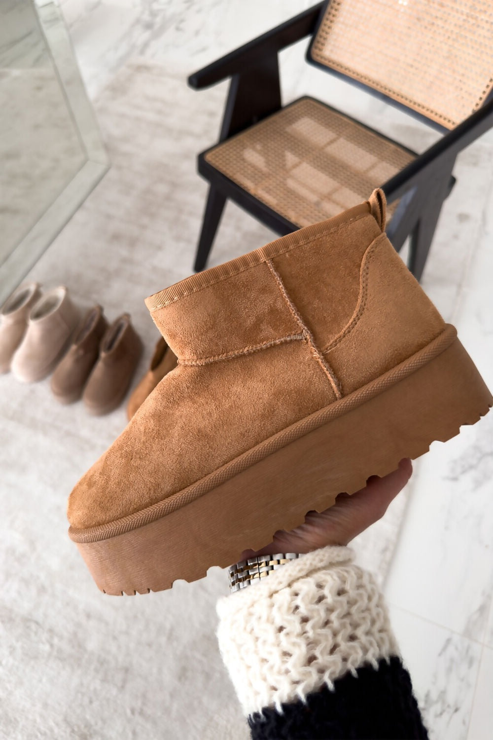 Camel Chunky Platform Fur Lined Ankle Snugg Mini Boots