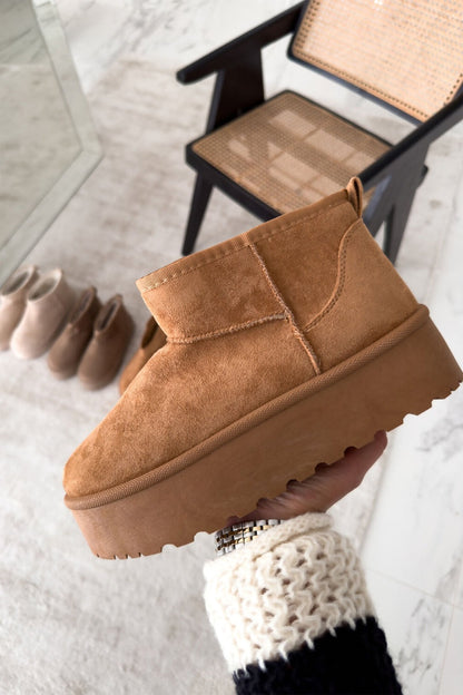 Camel Chunky Platform Fur Lined Ankle Snugg Mini Boots