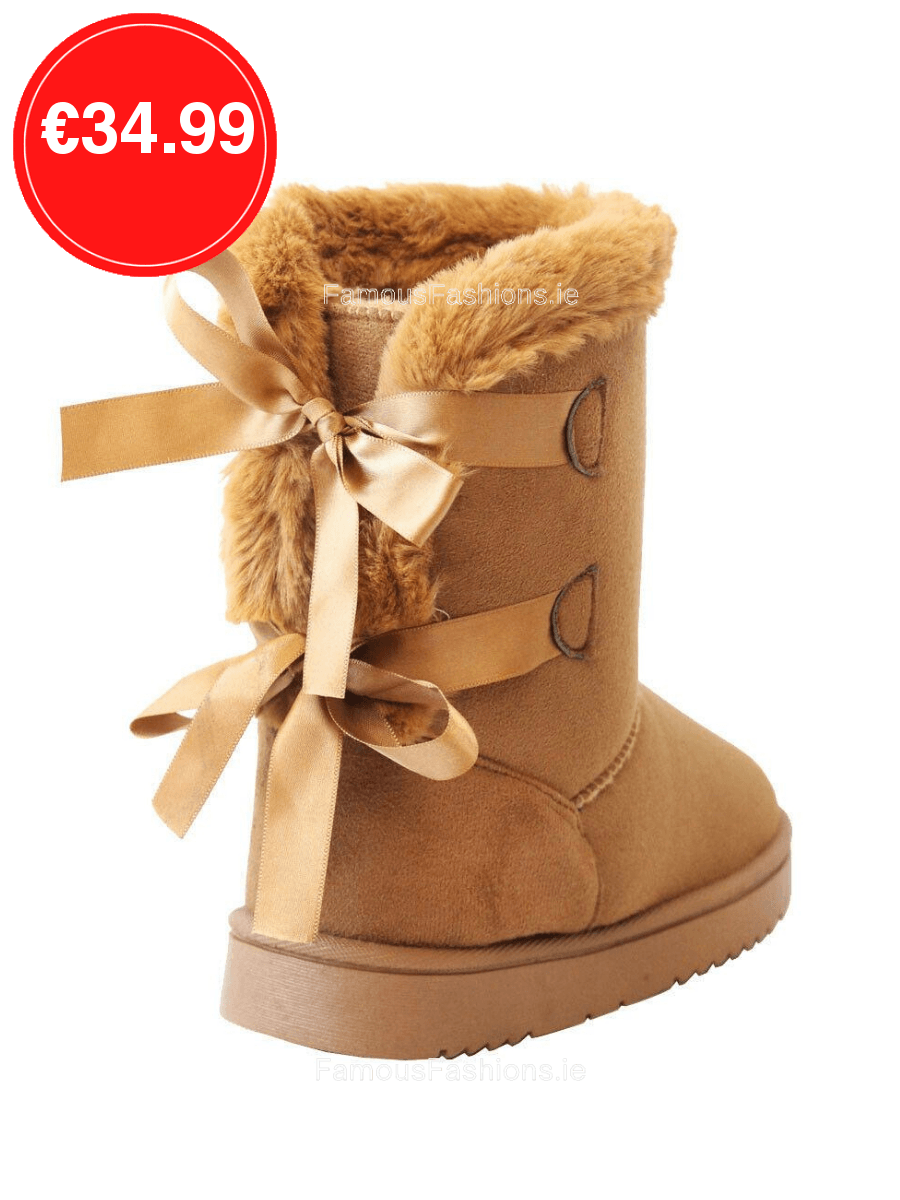 Camel Faux Suede Bow Detail Fur Lined Boots