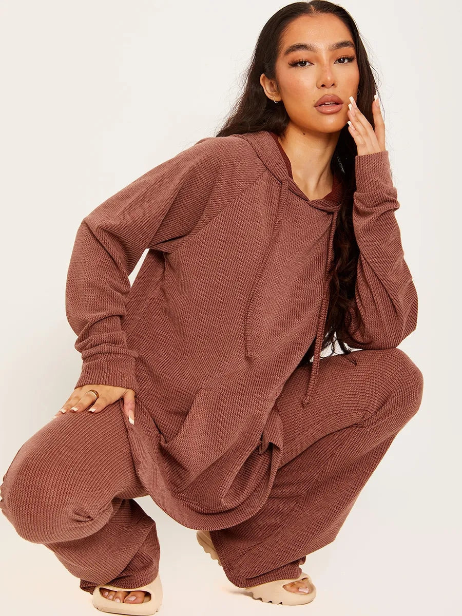 Chocolate Top & Flared Trousers Ribbed Loungewear Co-ord