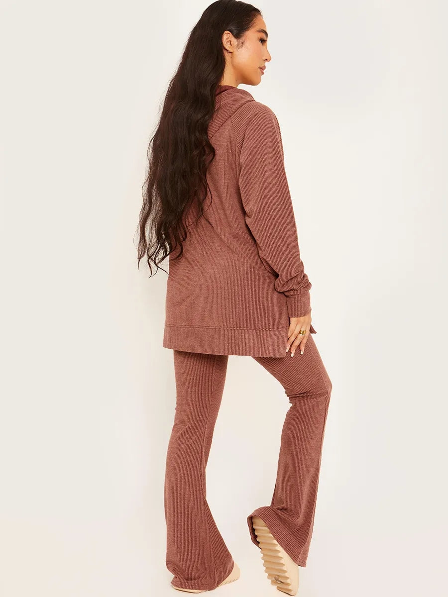 Chocolate Top & Flared Trousers Ribbed Loungewear Co-ord