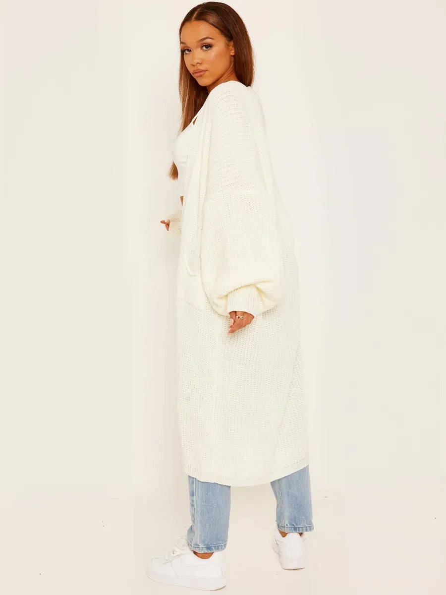 Cream Balloon Sleeves Knitted Longline Open Cardigan