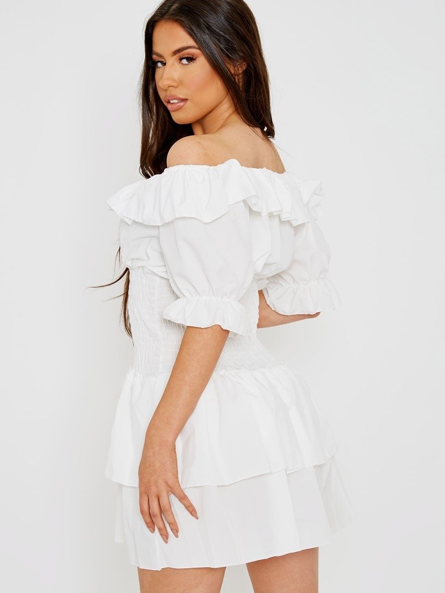 Cream Bardot Frill Dress