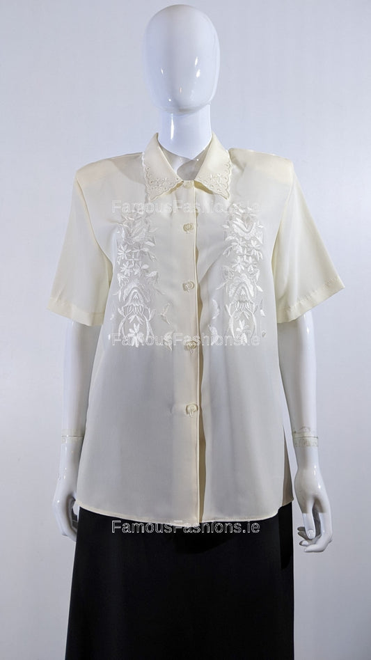 Cream Collar Button Up Short Sleeve Blouse