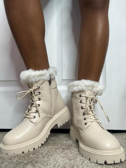 Cream Lace Up Chunky Fur Ankle Boots