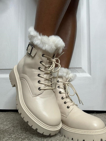 Cream Lace Up Chunky Fur Ankle Boots