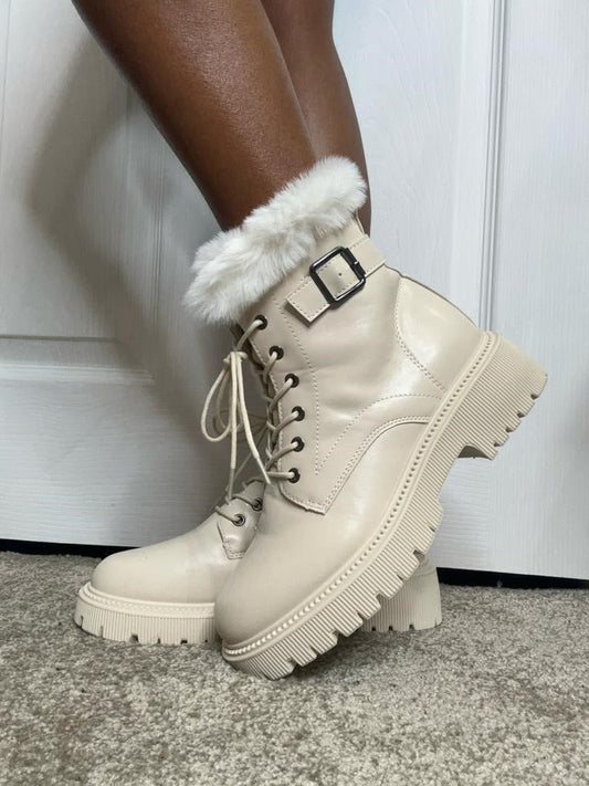 Cream Lace Up Chunky Fur Ankle Boots