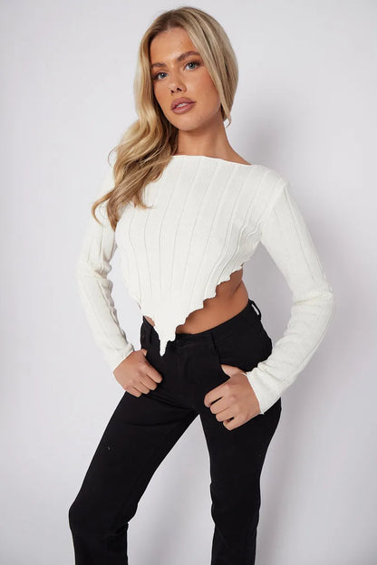 Cream Long Sleeves Asymmetric Dip Hem Ribbed Knit Crop Top