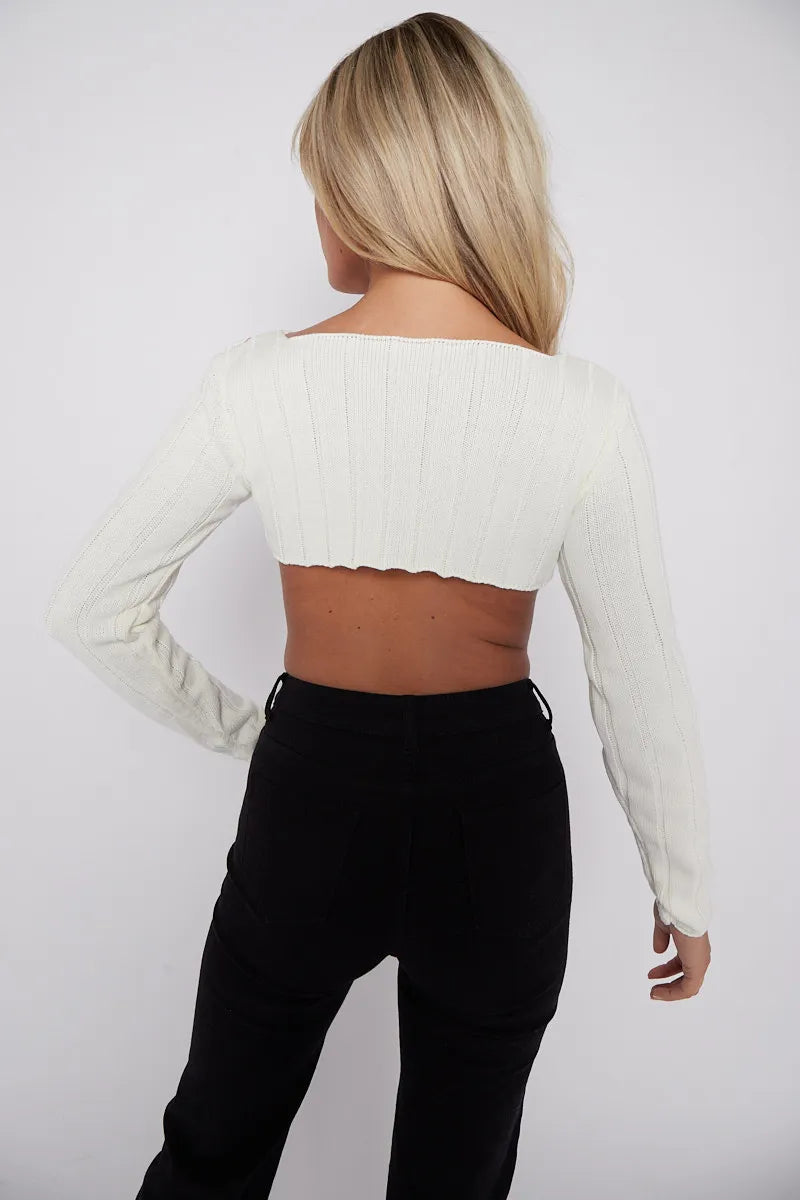 Cream Long Sleeves Asymmetric Dip Hem Ribbed Knit Crop Top