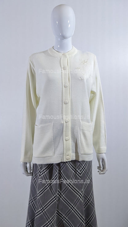 Cream Round Neck Button Pocket Cardigan