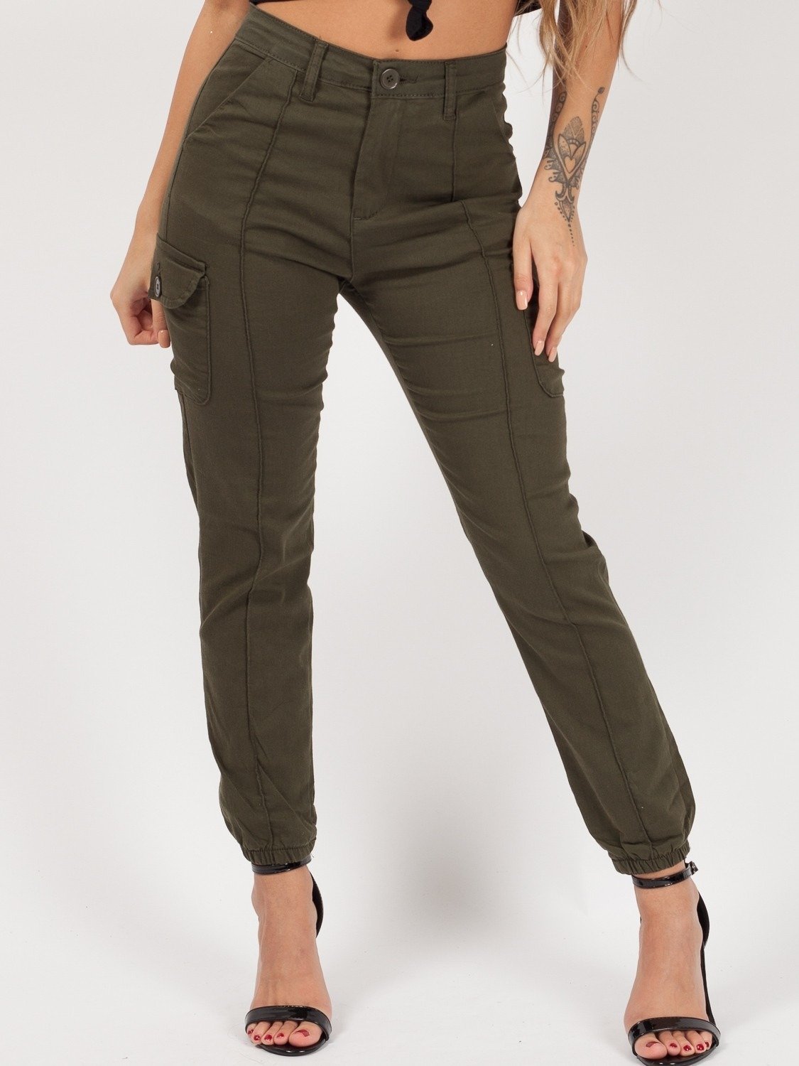  Cuffed Hem Cargo Trousers-Khaki