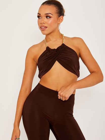 Dark Brown Chain Halter Slinky Crop Top