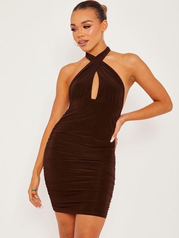 Dark Brown Halter Neck Slinky Cross Front Ruched Dress