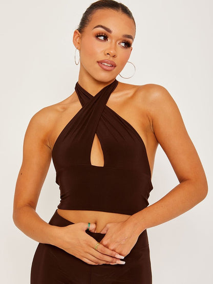 Dark Brown Halterneck Cross Front Tie-Knot Slinky Crop Top