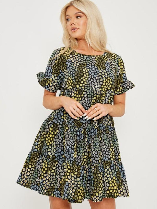 Ditsy Flower Print Tiered Smock Dress